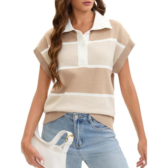 Sweaters - Women's Striped Knit Sweater Vest Polyester V Neck Cap Sleeve Casual
